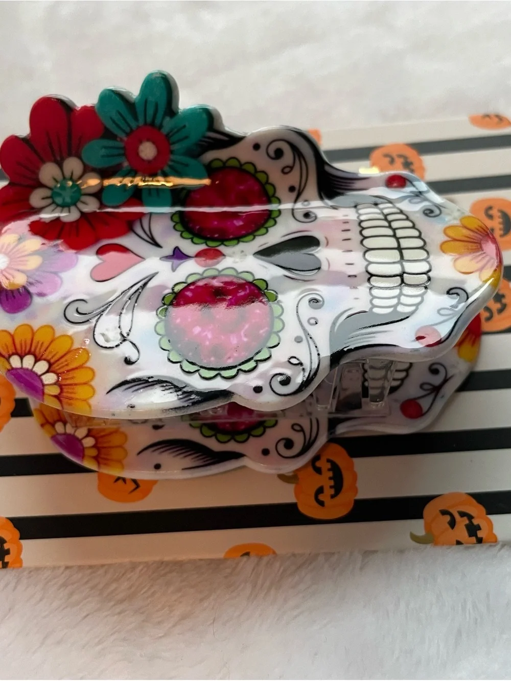 Piper K Colorful Sugar Skull Hair Clip White with Multicolor Floral Accents